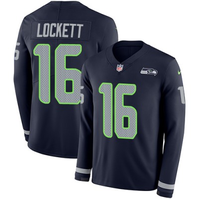 Nike Seattle Seahawks #16 Tyler Lockett Steel Blue Team Color Men's Stitched NFL Limited Therma Long Sleeve Jersey Men's